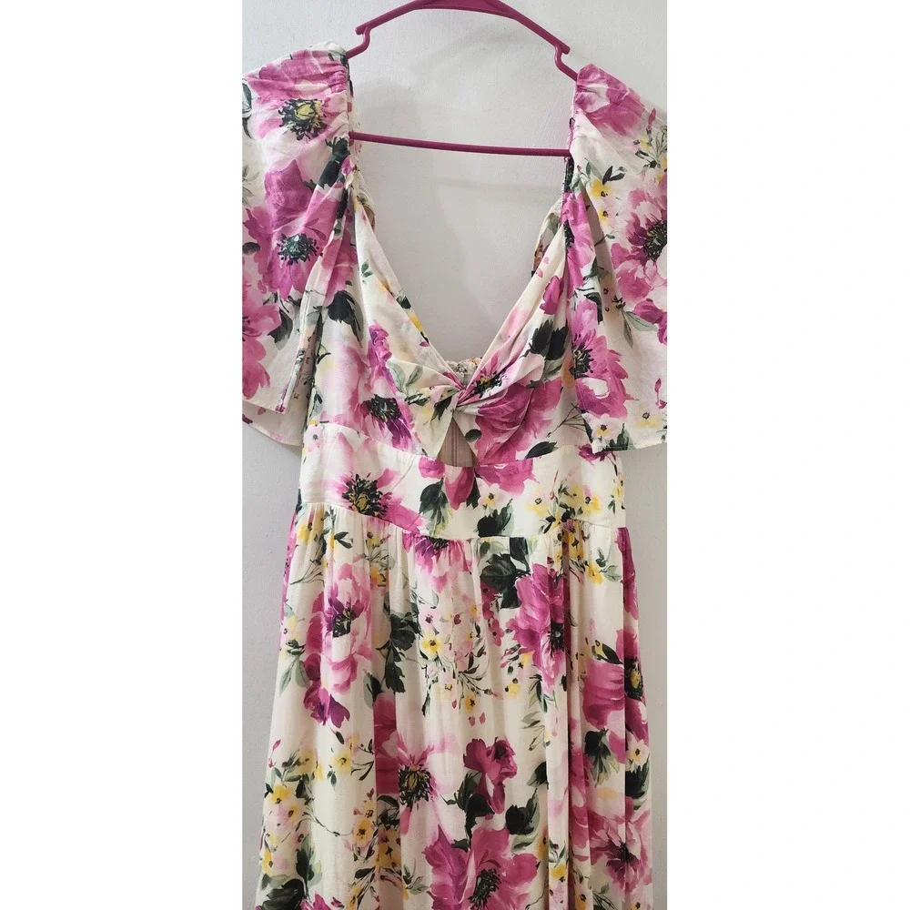 Abercrombie & Fitch Pink Floral Tiered Maxi Dress XL Flutter Sleeve Twist Front